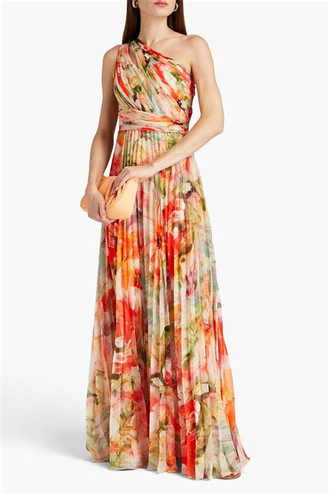 Marchesa Notte One Shoulder Pleated Floral Print Chiffon Gown The Outnet