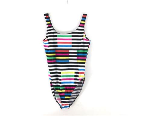 Vintage 80s Bodysuit Neon Pink Black White Striped Danskin Workout Wear