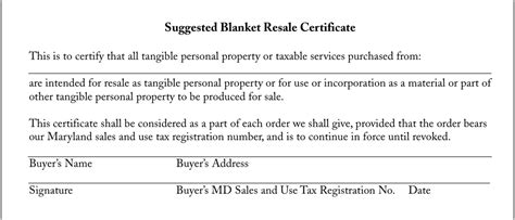 Maryland Suggested Blanket Resale Certificate Fill Out Sign Online