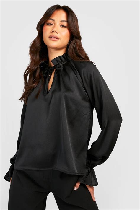 Womens Black Ruffle Neck Textured Satin Blouse Boohoo Uk