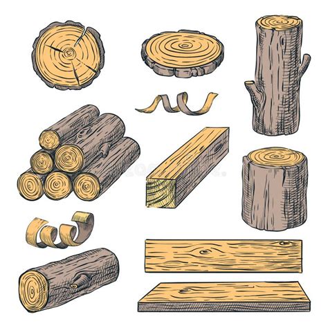 Logs Tronco E Pranchas De Madeira Ilustração Do Esboço Da Cor Do