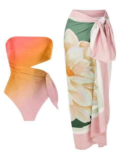 Conjunto De Bikini Con Estampado Degradado Para Mujer Ropa De Playa Elegante Corte De Cintura