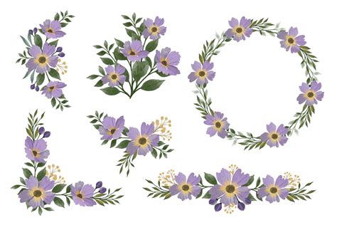 Set Of Purple Watercolor Floral Border Graphic By Setyawatielis