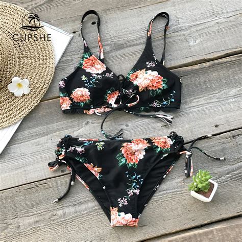 Buy Cupshe Black Floral Print Lace Up Bikini Sets