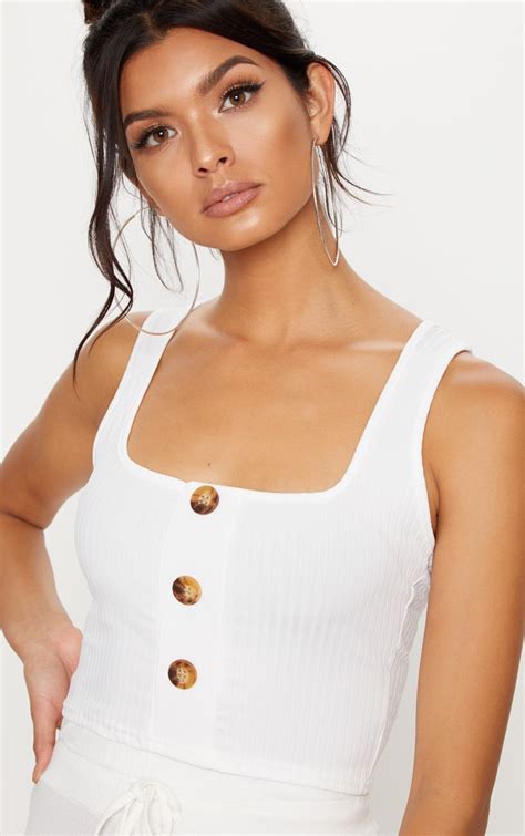 White Ribbed Button Detail Crop Top Tops Prettylittlething Ire