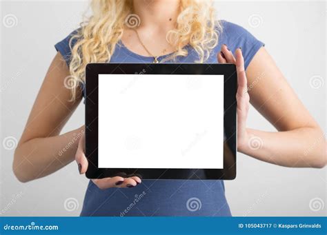 Person Holding Blank Screen Tablet In Hands Stock Image Image Of