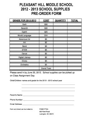 Fillable Online Phms Lexington Phms School Supply Order Form