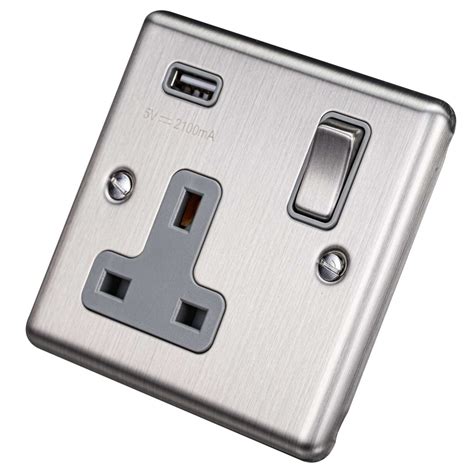 Eurolite 13a 1 Gang Switched Socket With Usb Outlet Grey Insert Satin Stainless Steel En1usb