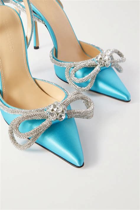 Turquoise Double Bow Crystal Embellished Silk Satin Point Toe Pumps