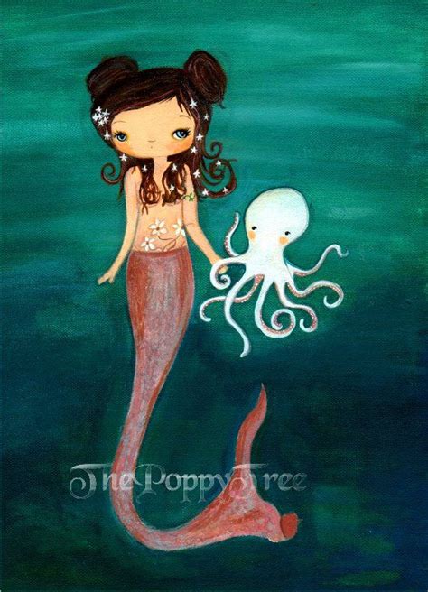 Mermaid Print Wall Art Octopus Nautical Girl Print Sea Friends Etsy Mermaid Art Mermaid