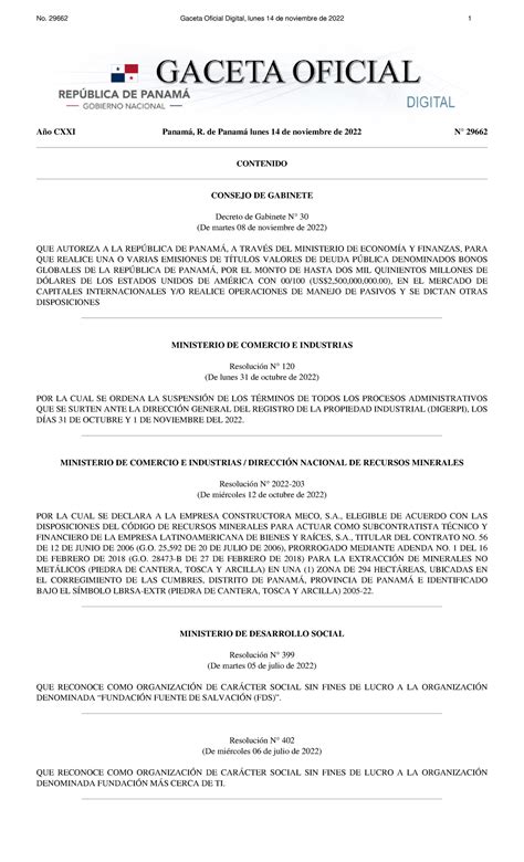 Gaceta No 29662 20221114 Amistia Año CXXI Panamá R de Panamá lunes