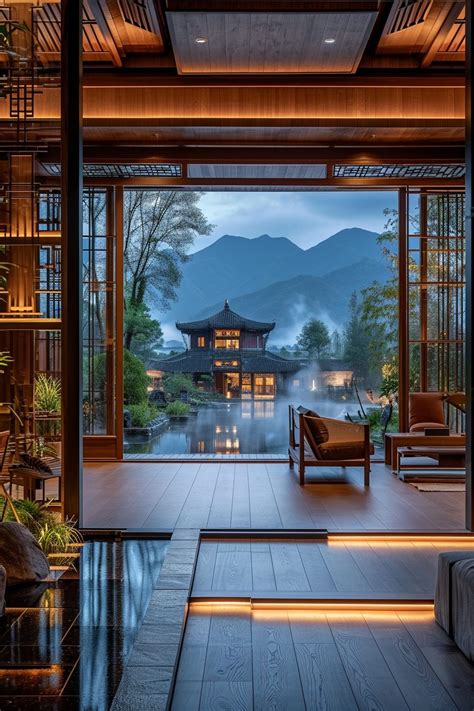 Rustic Chinese-Style House Interior with a View of a Mountain Village