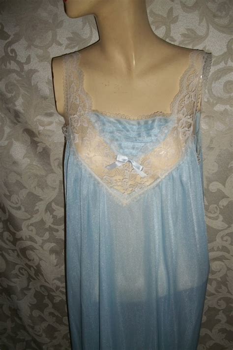 Vintage 70s Baby Blue Nylon And Lace Nightgown By Spo Gem