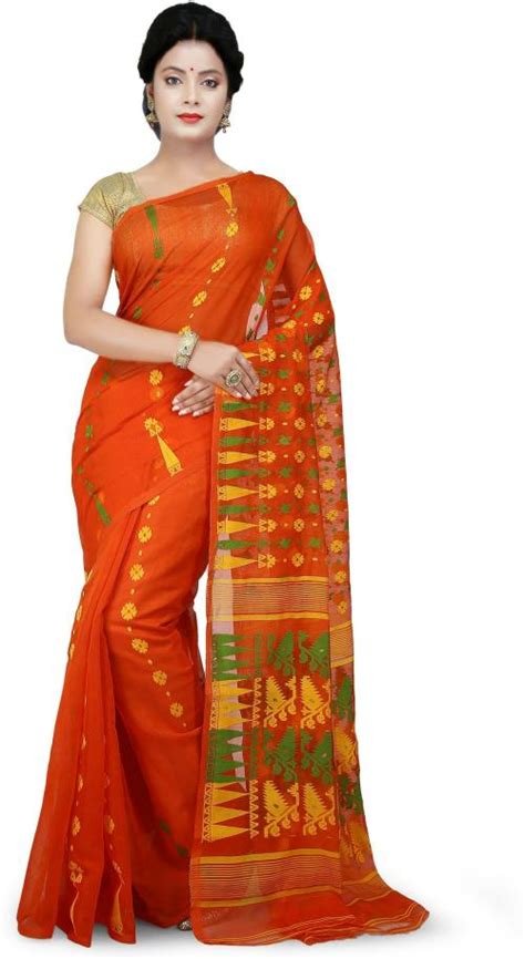 Buy Woodentant Women Orange Woven Cotton Silk Jamdani Saree Online At