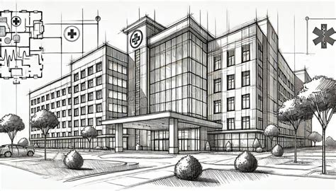 A Detailed Sketch Of A Hospital Buildings Architecture Generative Ai