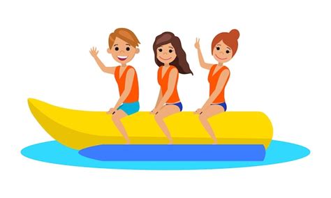 Premium Vector Happy People Ride On The Banana The Water Activities