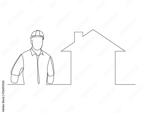 Vecteur Stock Continuous Single Line Sketch Drawing Of Building Foreman