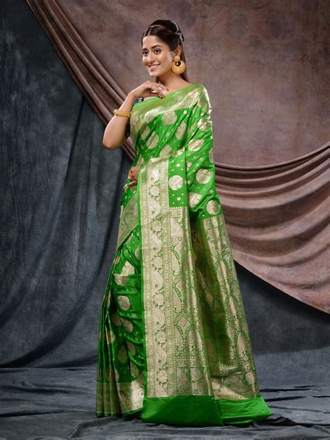 Parrot Green Silk Handwoven Saree With Damask Motifs And Floral Design Charukriti