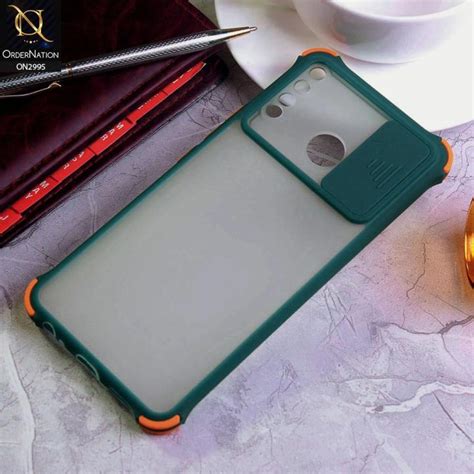 Infinix Hot 8 Cover Dark Green Shockproof Bumper Color Border Semi Transparent Camera Slide