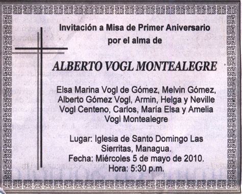 Invitación a Misa de Primer Aniversario Don Alberto Vogl Montealegre