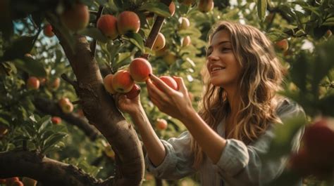 Premium AI Image A Woman Picking Apples From An Apple Tree