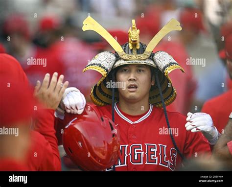 Shohei Ohtani Of The Los Angeles Angels Is Pictured Wearing A Kabuto