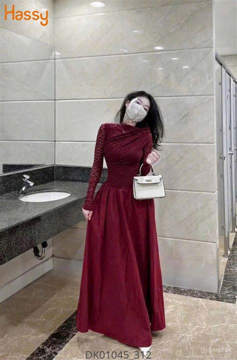 Hassy Đầm midi đỏ ren nhún xếp ngực đính hoa vai KT 9 Hassy vn Thời trang nữ hot trend