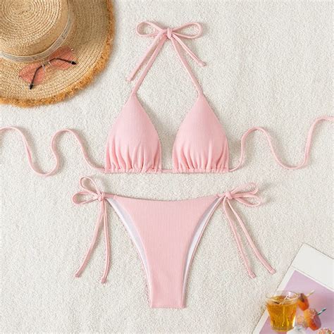 Adjustable Pink Halter Bikini With Tie Straps On Luulla