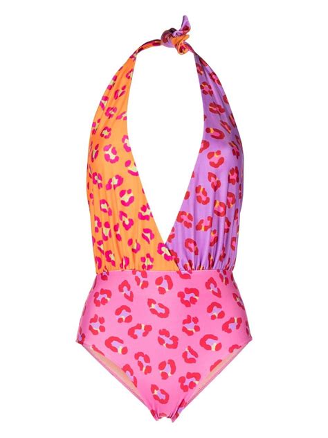 Farm Rio Leopard Print Halterneck Swimsuit Multicolour Farfetch Tr