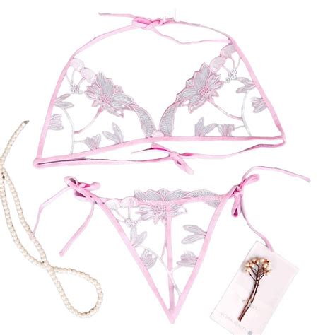 Jual Lingerie Wanita Sexy Bikini Malam Transparan Bunga Bordir Set Tali