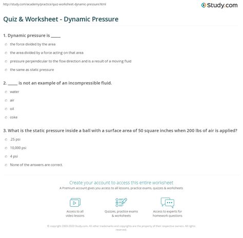 Quiz & Worksheet - Dynamic Pressure | Study.com