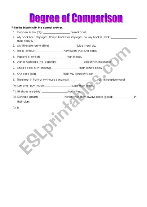 Degree Of Comparison Esl Worksheet By Sereluna