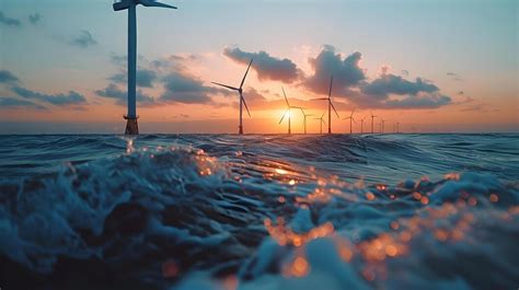 Premium Photo Sunset Scene Of Offshore Wind Farm Turbines In The Ocean With Serene Background