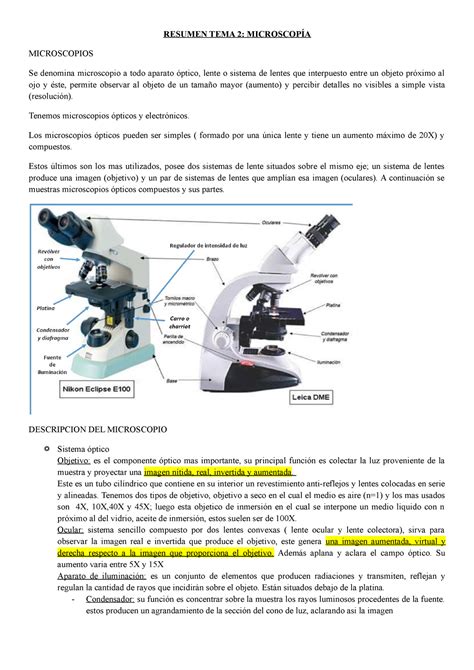 Resumen TEMA 2 microscopia RESUMEN TEMA 2 MICROSCOPÍA MICROSCOPIOS