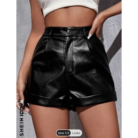 Short Cintura Alta Corino Couro Fake PU Tamanho S P Shopee Brasil