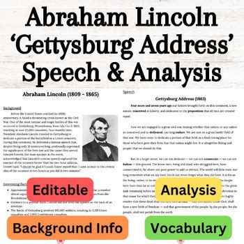 Abraham Lincoln 'Gettysburg Address' Speech & Analysis, Vocabulary EDITABLE