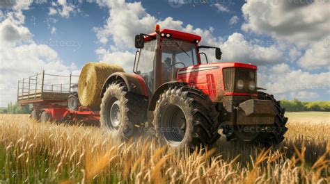 Ai Generated A Farmer Operating A Tractor To Load Round Hay Bales Onto