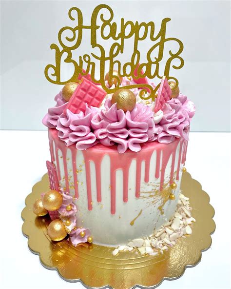 Pretty Birthday Cake With Pink And Gold Icing