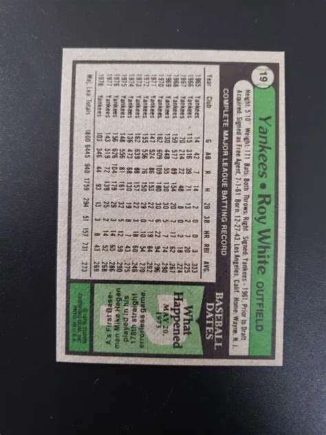 CARTE DE BASEBALL Roy White 1979 Topps Burger King 19 Des Yankees De