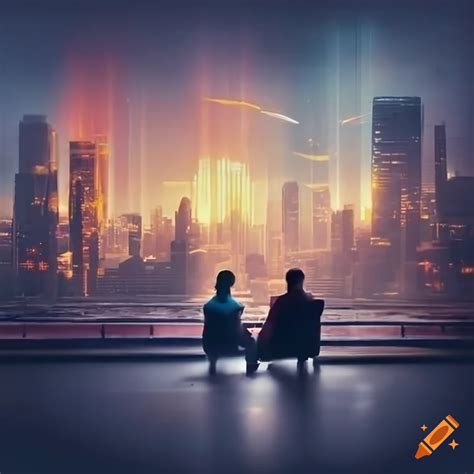 Man And Woman By Panorama Window Overlooking City Lights Sky With