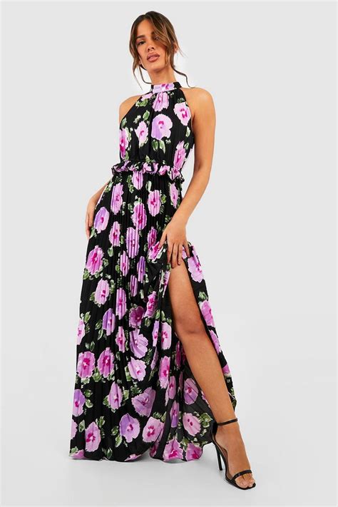 Floral Print Pleated High Neck Maxi Dress Boohoo