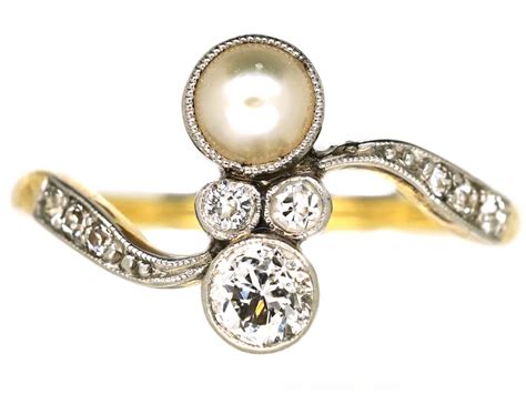 Art Nouveau 18ct Gold Platinum Natural Pearl And Diamond Twist Ring