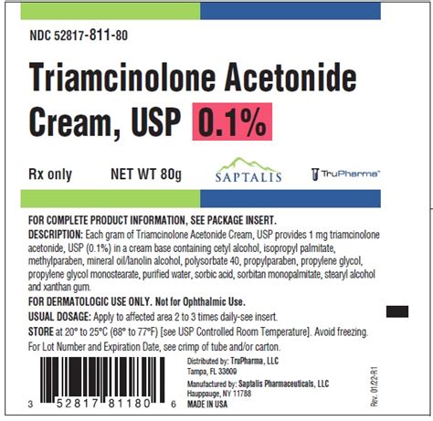 Triamcinolone Acetonide Cream Usp 01for Dermatologic Usenot For