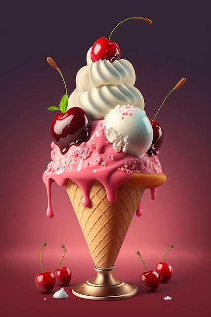 Cono De Helado Con Cerezas Ia Generativa Foto Premium