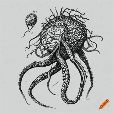 Lovecraftian deep sea insectoid in pen and ink stiple drawing on Craiyon