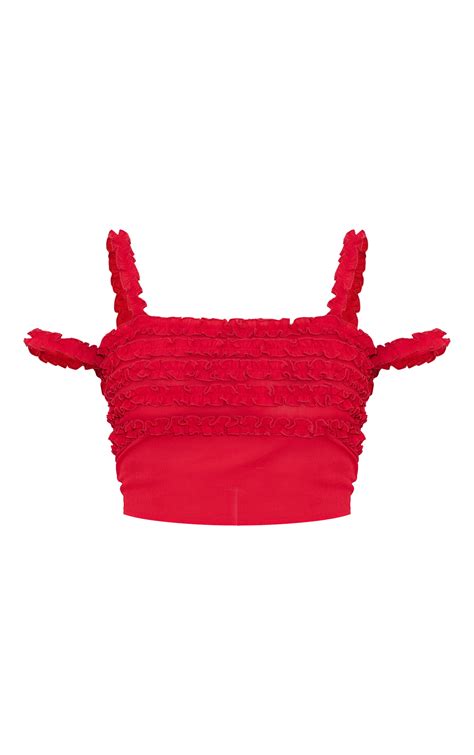 Red Chiffon Ruffle Detailing Square Neck Crop Top Co Ords Prettylittlething Usa