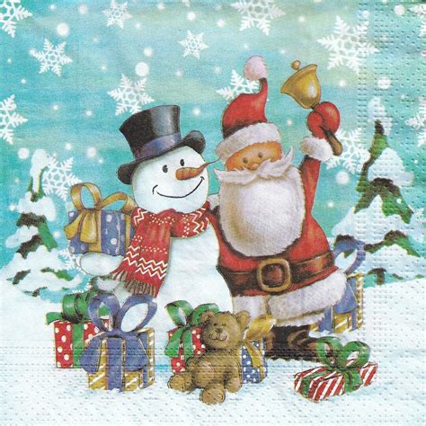 Christmas Paper Napkins X 2 Snowman And Santa Claus Paper Etsy