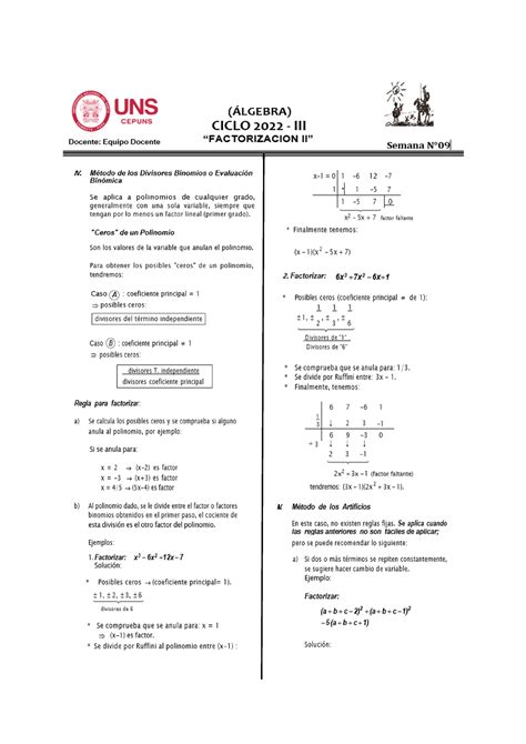 Algebra Sem 09 2022 Iii Ejercicios Propuestos Hallar El Factor Cuadrático De 𝑥 3 2 𝑥 2 −