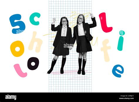 Composite Photo Collage Of Happy Blonde Brunette Schoolgirls Education Concept Wear Uniform