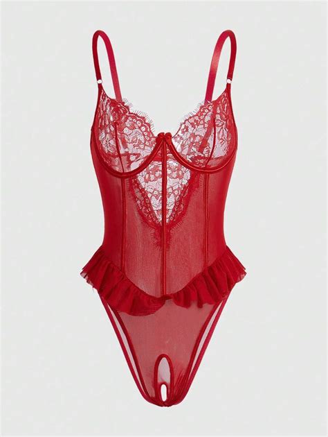 ROMWE Goth Plus Size Underwire Open Crotch Eyelash Lace Patchwork Sexy Bodysuit Lingerie SHEIN USA